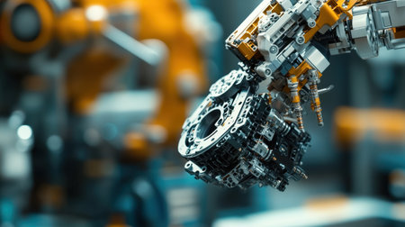 A close-up view of an advanced robotic arm assembling intricate mechanical components in a modern industrial factory, showcasing precision, technology, and innovation.の素材