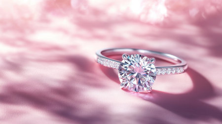 This stunning diamond ring captures elegance with its brilliant cut and sparkling details, beautifully showcased against a soft pink background, perfect for romantic occasions.の素材