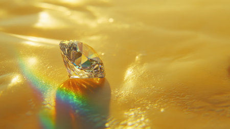 A stunning diamond rests on a soft golden surface, showcasing its brilliance and clarity. The image captures vibrant rainbow reflections, highlighting its elegance and luxury.の素材