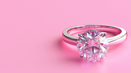 Stunning solitaire diamond engagement ring rests on a soft pink background, showcasing exquisite craftsmanship and timeless elegance with a hint of romance.の素材