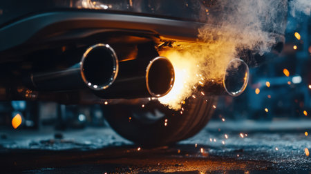A striking close-up shot of a car exhaust emitting flames and smoke, capturing the intense moment of energy and power in a dark environment.の素材