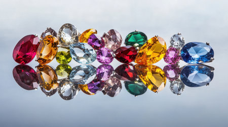 A stunning array of colorful gems displaying various shapes, reflecting light on a smooth surface, creating an artistic and vibrant visual appeal.の素材