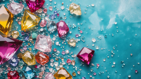 A vivid arrangement of multicolored gems and sparkling crystals on a serene blue background that exudes elegance and artistry, perfect for luxury-themed projects.の素材