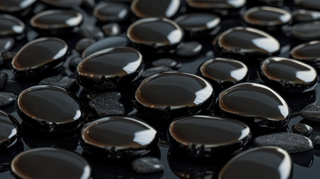A visually striking arrangement of smooth, shiny black stones and pebbles resting on a dark surface creates an elegant and tranquil atmosphere.の素材