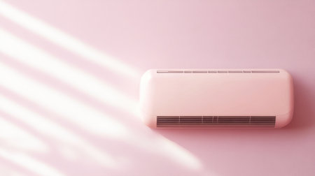 A sleek pink air conditioning unit elegantly mounted on a soft pink wall, casting gentle light shadows, perfect for modern home decor and comfort.の素材