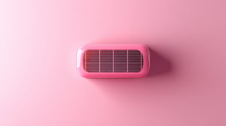 This image features a vintage-style pink air conditioner set against a soft pink background, perfect for retro-inspired designs and aesthetic projects.の素材