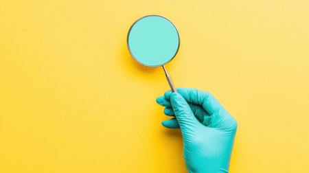 A hand wearing a green latex glove holds a circular mirror against a vibrant yellow backdrop, illustrating themes of health, examination, and creativity.の素材