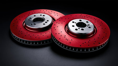 A pair of vibrant red brake rotors with a silver center design, perfect for automotive enthusiasts seeking enhanced performance and style. Ideal for racing.の素材