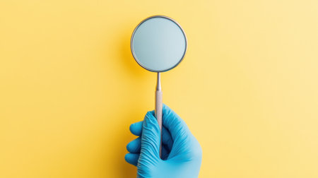 A bright image showcasing a hand in a blue glove holding a round magnifying glass against a vibrant yellow background, symbolizing examination and detail.の素材