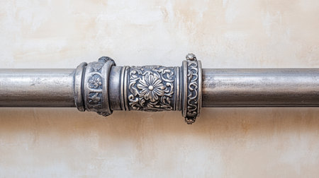 Stunning close-up of an ornate silver metal pipe connector showcasing intricate floral designs against a light wall, perfect for decor inspiration.の素材