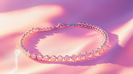 This stunning pink gem bracelet rests elegantly on a soft pastel background, highlighting its sparkle and beauty. Perfect for fashion lovers and special occasions.の素材