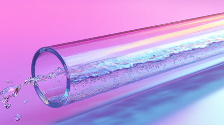 This stunning image showcases a vibrant flow of water through a transparent tube, set against a colorful gradient backdrop. The reflections create a captivating visual.の素材