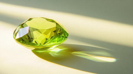 A stunning green gemstone rests on a soft surface, highlighted by gentle light creating captivating shadows and reflections, perfect for artistic projects.の素材
