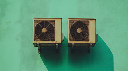 Two air conditioning units are mounted on a vibrant green wall, casting shadows, representing modern home climate control solutions for enhanced comfort.の素材
