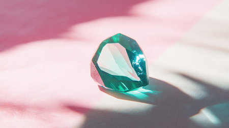 A stunning green crystal gemstone rests on a soft pink background, showcasing elegant reflections and shadows. This image captures the essence of beauty and artistry in a minimalist setting, perfect for design inspiration or luxury themes.の素材
