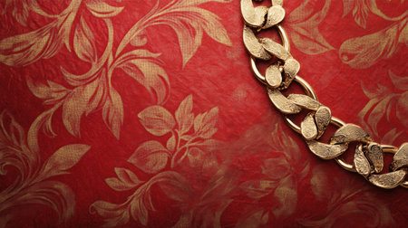 This stunning image showcases a luxurious gold chain resting on a rich red background adorned with a delicate floral pattern, perfect for fashion and jewelry themes.の素材