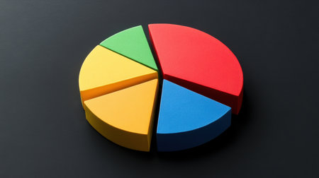 Colorful pie chart model showcases different segments on a dark background, ideal for educational and business presentations to visualize data clearly.の素材