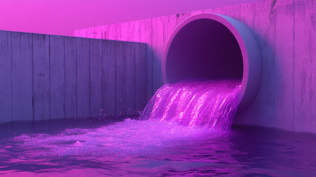 A visually striking image of flowing water from a circular pipe against a backdrop of concrete. The scene is illuminated with purple hues, creating a surreal atmosphere.の素材