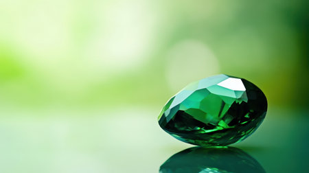A stunning green gemstone rests gracefully on a smooth surface, reflecting light beautifully against a soft focus background, evoking elegance and serenity.の素材