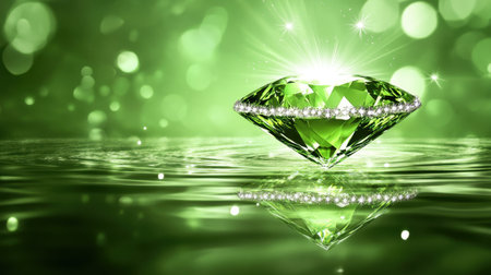 Stunning green gemstone reflects beautifully on tranquil water, surrounded by soft green bokeh, creating a captivating and luxurious ambiance.の素材