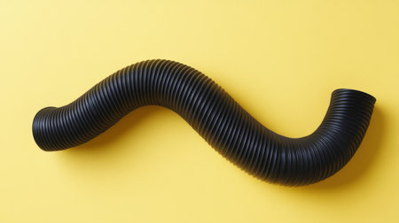A flexible black duct hose elegantly curved against a vibrant yellow background, showcasing its sleek design for industrial and creative applications.の素材