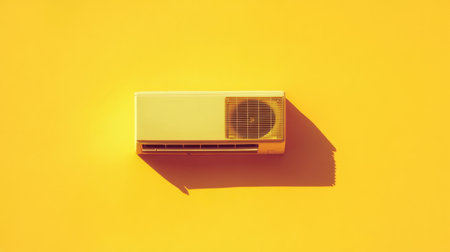 A sleek air conditioner unit positioned against a vibrant yellow background, showcasing its modern design and efficient cooling capability, perfect for summer comfort.の素材