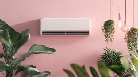 This image showcases a modern air conditioner mounted on a pink wall, complemented by lush green plants and stylish pendant lights, creating an inviting atmosphere.の素材