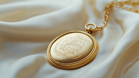 This serene image features an elegant golden locket pendant showcasing intricate floral engravings, gracefully resting on soft satin fabric, symbolizing luxury and timeless beauty.の素材