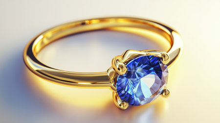 This image features an elegant gold ring showcasing a brilliant blue gemstone, illuminated by soft light. Perfect for jewelry advertisements and fashion displays.の素材