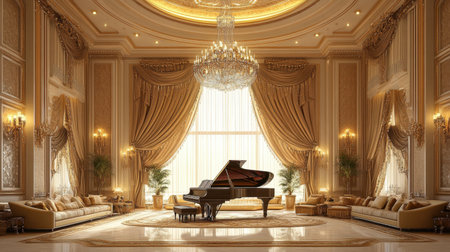 This image showcases a luxurious living room featuring a grand piano as the centerpiece, surrounded by opulent decor, rich colors, and intricate details.の素材
