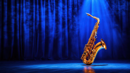 A stunning golden saxophone stands prominently on stage beneath a dramatic spotlight, surrounded by rich blue curtains, capturing the essence of musical performance.の素材