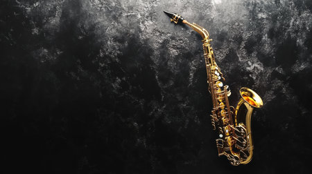 A stunning golden saxophone rests on a dark textured background, symbolizing the essence of jazz music and artistic expression. Perfect for music-themed visuals.の素材