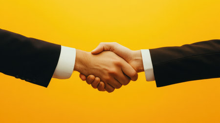 A close-up view of two hands engaging in a handshake, representing partnership and collaboration. The bright yellow background adds a vibrant touch to the professional gesture.の素材
