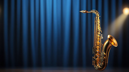 A striking saxophone stands alone on stage, illuminated by a warm spotlight against a soft blue curtain, creating a captivating musical ambiance.の素材
