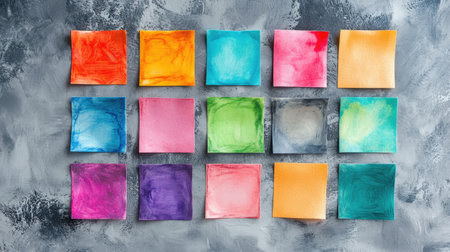 A captivating arrangement of colorful watercolor squares on a textured gray background, ideal for artistic projects, design inspiration, or creative showcases.の素材