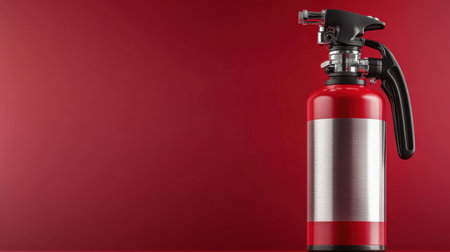 A vibrant red fire extinguisher stands prominently against a simple red background, symbolizing safety and emergency preparedness for various settings.の素材
