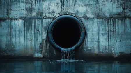 A dark drainage pipe releases water into a calm surface, surrounded by a gritty concrete wall, capturing an industrial scene filled with depth and intrigue.の素材