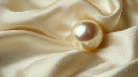A stunning image of a lustrous pearl resting on a soft satin fabric, showcasing its elegance and beauty. This composition highlights luxury and delicacy, perfect for jewelry or fashion themes.の素材