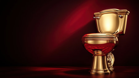 This image showcases a luxurious gold toilet set against a dramatic deep red background, emphasizing elegance and modern design for upscale bathrooms.の素材