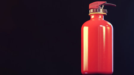 This bright red fire extinguisher stands prominently against a dark background, symbolizing safety and preparedness for emergencies. Essential safety equipment.の素材