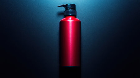 This vibrant red bottle with a pump top is showcased against a dark background, ideal for cosmetic or personal care product displays and marketing.の素材