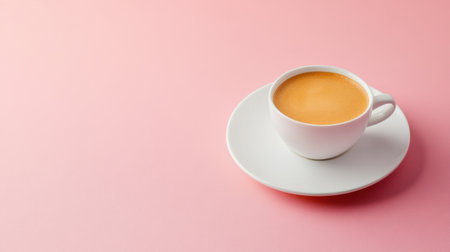 A warm cup of coffee rests on a white saucer against a soft pink background, creating a tranquil and inviting atmosphere, perfect for relaxation moments.の素材