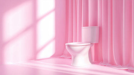 A striking bathroom scene showcasing a sleek white toilet against a soft pink backdrop, complete with flowing curtains and gentle light, creating a serene atmosphere.の素材