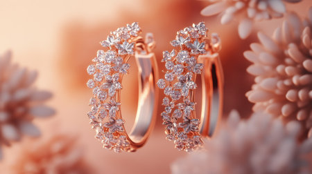 This captivating image features exquisite gold hoop earrings embellished with shimmering diamonds, set against a delicate floral backdrop, showcasing elegance and beauty.の素材
