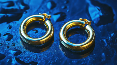 A stunning pair of elegant golden hoop earrings sits on a moist dark surface, accentuated by glistening water drops, highlighting their exquisite design.の素材