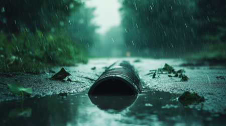 This atmospheric image captures a drain pipe on a rain-soaked road, surrounded by fallen leaves and reflecting water. The scene evokes a moody and tranquil atmosphere.の素材