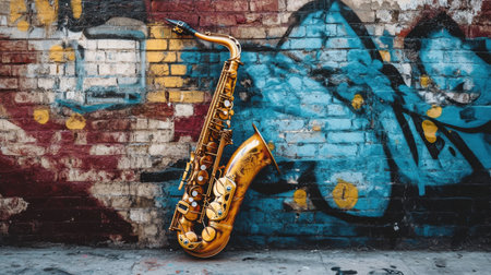 A stunning gold saxophone leans against a vibrant graffiti-covered wall, capturing the essence of urban music culture and artistic expression.の素材