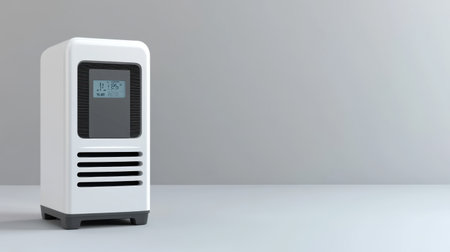 A modern air conditioner unit displayed on a minimalist background, featuring a digital display for easy temperature control and settings adjustments. Ideal for enhancing indoor comfort and style.の素材