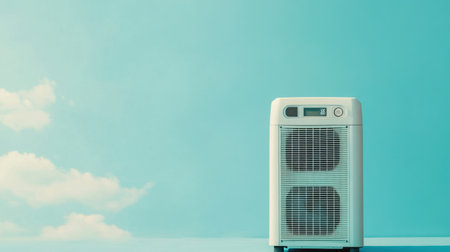 This image features a modern air conditioning unit with a digital display set against a serene blue sky and fluffy clouds, perfect for showcasing home comfort solutions.の素材