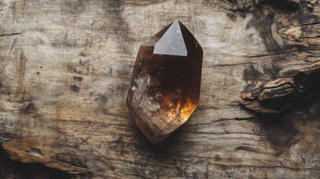 A beautiful brown quartz crystal rests gracefully on a rustic wooden surface, showcasing natural patterns and textures with stunning light reflections.の素材